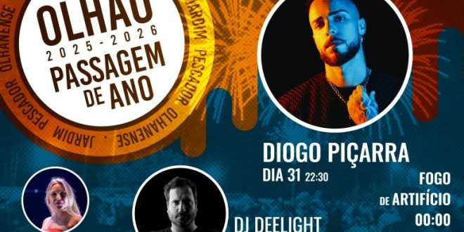 Passagem de Ano em Olhão 2026: 3 AM, Diogo Piçarra e DJ Deelight